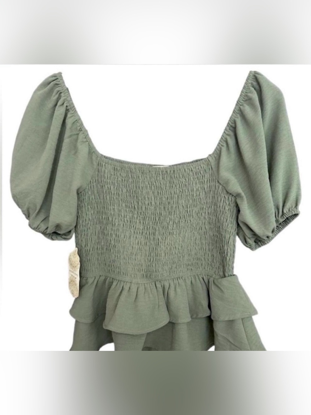 NWT Altar’d State Sage Green Smocked Peplum Blouse babydoll ruffle